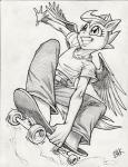 anthro clothing female skateboard solo tomboy vehicle wings bhawk friendship_is_magic hasbro my_little_pony mythology scootaloo_(mlp) equid equine mammal mythological_creature mythological_equine pegasus monochrome traditional_media_(artwork)