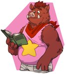 anthro biped book bottomwear brown_body brown_fur clothing fur male overweight overweight_anthro overweight_male pants reading shirt solo topwear leo_zeke password_(visual_novel) roswell_(password) mammal suid suina sus_(pig) wild_boar 2021 hi_res