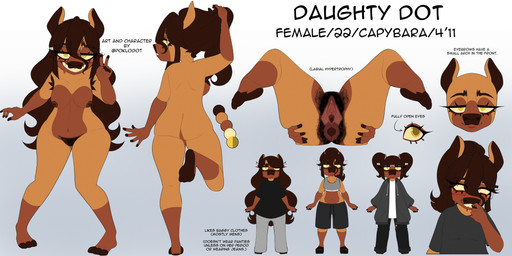 anal_hair anthro anus brown_hair female gaping gaping_anus gaping_vagina genitals gesture hair hand_gesture humanoid_genitalia humanoid_vulva inner_labia long_inner_labia neet pear-shaped_figure ponytail pubes solo text v_sign vulva wide_hips yellow_eyes poklodot daughty_dot capybara caviid mammal rodent absurd_res english_text hi_res model_sheet