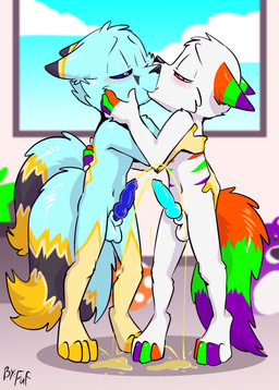 3_tails animal_genitalia animal_penis anthro balls biped black_markings black_nose blue_markings blue_penis bodily_fluids canine_genitalia canine_penis digitigrade dipstick_ears dipstick_tail duo ear_markings erection eyebrows eyes_closed feet fingerless_(marking) fluffy fluffy_tail genital_fluids genitals green_markings hand_on_cheek inside kiss_on_lips kissing knot male male/male markings multi_tail multicolored_ears nude peeing peeing_together peeing_while_erect penis red_markings side_view tail tail_markings toeless_(marking) urine urine_on_ground urine_pool urine_stream watersports white_body young young_anthro young_male young_on_young fuf ambiguous_species canid canine mammal 2024 hi_res