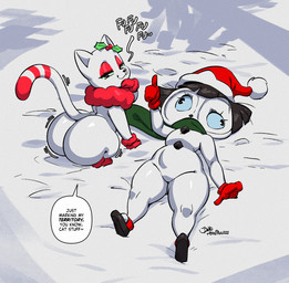 big_butt biped bubble_butt butt christmas_clothing christmas_headwear clothing detailed_background dialogue duo eyelashes facesitting female feral flattened gloves handwear hat headgear headwear holidays huge_butt humor looking_at_viewer looking_back lying on_back outside pupils quadruped red_clothing santa_hat sitting_on_another snow tail text thick_thighs white_body joaoppereiraus christmas holly_jollybum junipurr domestic_cat elemental_creature felid feline felis mammal mineral_fauna snow_creature 2025 english_text hi_res meme