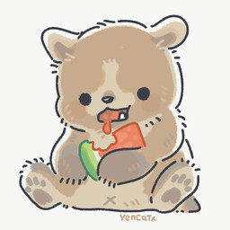 black_eyes black_nose brown_body chibi dot_eyes eating feral food fruit melon navel plant simple_background simple_eyes sitting solo watermelon watermelon_slice white_background x_navel yencatx bear mammal 1:1 2021