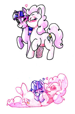 anthro cutie_mark duo female female/female fur hair heart_symbol horn kissing multicolored_hair purple_body purple_fur sleeping sleeping_on_belly toongrowner friendship_is_magic hasbro my_little_pony mythology pinkie_pie_(mlp) twilight_sparkle_(mlp) twipie earth_pony equid equine horse mammal mythological_creature mythological_equine pony unicorn absurd_res hi_res painting_(artwork) watercolor_(artwork)
