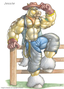 anthro belly belt biceps big_muscles biped blue_bottomwear blue_clothing blue_pants body_hair bottomwear brown_body brown_clothing brown_cowboy_hat brown_eyes brown_fur brown_hat brown_headwear brown_nipples brown_nose chaps clothed clothing cowboy_hat denim denim_bottomwear denim_clothing eyebrows fence fur furgonomics gloves grey_body grey_chaps grey_clothing grey_eyebrows grey_fur grey_hair grey_hooves grey_tail grey_topwear grey_vest hair handwear happy_trail hat headgear headwear hooves huge_muscles jacket jeans kerchief lasso leather leather_clothing leather_gloves leather_handwear looking_at_viewer male multicolored_clothing multicolored_gloves multicolored_handwear musclegut muscular muscular_anthro muscular_male navel neckerchief neckwear nipples object_in_mouth open_clothing open_topwear open_vest orange_clothing orange_kerchief orange_neckerchief outside pants pecs pose red_clothing red_gloves red_handwear simple_background sitting snout solo tail tan_body tan_fur teeth text thick_eyebrows topwear two_tone_clothing two_tone_gloves two_tone_handwear vein vest wood wood_fence year yellow_belly yellow_body yellow_clothing yellow_ears yellow_fur yellow_gloves yellow_handwear braford jesse_(braford) clydesdale draft_horse equid equine horse mammal 2005 english_text signature traditional_media_(artwork)