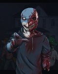 anthro blood bodily_fluids clothing gore hoodie looking_at_viewer male missing_arm multicolored_body solo topwear two_tone_body krahs_tsai krahs_(krahs_tsai) fish marine shark undead zombie absurd_res hi_res