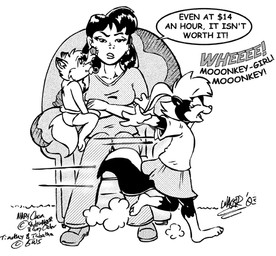 anthro bottomwear breasts clothed clothed_female clothed_male clothing dialogue diaper eyes_closed female fur furniture gloves_(marking) group hair leg_markings male markings object_in_mouth open_mouth pacifier pacifier_in_mouth shirt sitting skirt socks_(marking) sofa tail text topwear trio young young_anthro young_female young_male style_wager dela_the_hooda sabrina_online mary_chan tabitha_(sabrina_online) timothy_squirrel-woolfe canid canine canis human hybrid mammal mephitid rodent sciurid skunk tree_squirrel wolf 2003 english_text greyscale monochrome