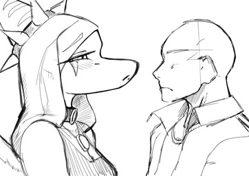 anthro bald blush blush_lines bone_frill clothing duo eyelashes female frill_(anatomy) hair halter_top jacket long_hair male snout topwear wings chervyarts cavemanon_studios goodbye_volcano_high ko_op_(game_developer) snoot_game anon_(snoot_game) fang_(gvh) human mammal prehistoric_species pterosaur reptile scalie 2025 absurd_res hi_res monochrome sketch