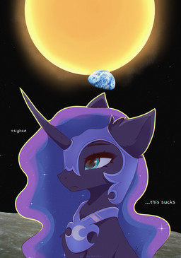 1_horn blue_hair dialogue earth eyelashes female female_feral feral frown hair highlights_(coloring) horn moon planet purple_body purple_highlights purple_horn quadruped side_view sigh solo sparkles sparkling_hair spiral_horn sun teal_eyes text nnalyart friendship_is_magic hasbro my_little_pony mythology nightmare_moon_(mlp) equid equine mammal mythological_creature mythological_equine unicorn absurd_res digital_drawing_(artwork) digital_media_(artwork) english_text hi_res krita_(artwork) mixed_media paintstorm_(artwork) photography_(artwork) shaded