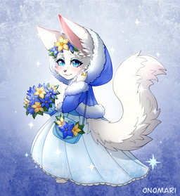 ambiguous_gender anthro biped blue_clothing blue_dress blue_eyes blush bouquet cheek_tuft chibi clothed clothing digit_ring dress eyelashes facial_tuft flower flower_crown fluffy fluffy_tail fur fur_coat handbag jewelry looking_at_viewer plant ring simple_background solo tail tuft wedding_dress wedding_ring white_body white_fur winter_clothing young young_anthro onomari navi_(yume_100) domestic_cat felid feline felis mammal digital_media_(artwork) hi_res shaded