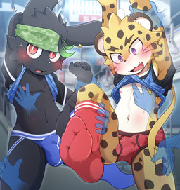 accessory anthro arm_grab balls_outline bangs black_body blue_clothing blue_footwear blue_socks blue_underwear blush bulge chest_grab clothed clothing clothing_lift countershade_torso countershading detailed_background detailed_bulge disembodied_hand duo ear_piercing feet footwear fur genital_outline headband inside_train leg_grab male male/male male_anthro markings navel nipples open_mouth partially_clothed penis_outline piercing public public_exposure purple_eyes raised_leg red_clothing red_eyes red_footwear red_socks red_underwear shirt shirt_lift shirt_up short short_anthro short_male socks spots spotted_body spotted_fur topwear touching_chest train underwear vehicle whiskers yellow_body young young_anthro tsukane_yoda felid lagomorph leopard leporid mammal pantherine rabbit 2022 absurd_res digital_media_(artwork) hi_res