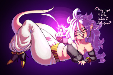 bottomwear breasts clothing dialogue ear_piercing eyewear female fluffy fluffy_hair glasses hair humanoid_pointy_ears long_hair long_tail open_mouth open_smile pants piercing pink_body pink_skin pink_tongue pointy_ears slightly_chubby slightly_chubby_female smile tail teeth_showing text thick_tail tongue white_bottomwear white_clothing white_hair white_pants swagmanguypal dragon_ball dragon_ball_fighterz android_21 majin_android_21 humanoid majin tailed_humanoid 2025 absurd_res digital_media_(artwork) english_text hi_res