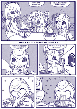 :d accessory anthro bow_ribbon bowl breasts chopsticks container dialogue eating eyes_closed female female_anthro female_human food furniture group hair_accessory hair_bow hair_ribbon holding_chopsticks holding_object male male_anthro open_mouth open_smile ribbons sitting smile speech_bubble steam table talking_to_another text trio_focus cyyeun xen_(series) background_character izzy_(xen) switch_(xen) alien human mammal 2007 artist_name blue_and_white comic dated english_text monochrome