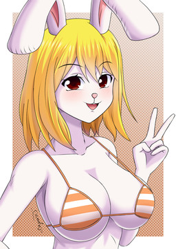 anthro big_breasts bikini bikini_top blonde_hair blush blush_stickers border bra breasts buckteeth cleavage cleavage_overflow clothed clothing dotted_background female floppy_ears fur gesture gradient_background hair hand_gesture looking_at_viewer monotone_body open_mouth open_smile pattern_background pose red_eyes shoulder_length_hair simple_background smile solo string_bikini swimwear teeth two-piece_swimsuit underwear v_sign white_body white_border white_fur bryaxrt one_piece carrot_(one_piece) lagomorph leporid mammal minkmen_(one_piece) rabbit 2021 alternate_version_at_source half-length_portrait hi_res portrait signature