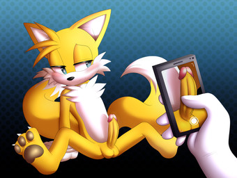3_toes 5_fingers anthro balls black_nose blush claws disembodied_hand duo erection feet fingers genitals half-closed_eyes holding_object humanoid_genitalia humanoid_penis male narrowed_eyes pattern_background penis simple_background solo_focus spread_legs spreading toe_claws toes apinkgrape sega sonic_the_hedgehog_(series) miles_prower canid canine fox mammal 2021 absurd_res hi_res