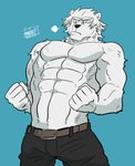 abs anthro belt biceps bottomwear clothing fur hair male muscular muscular_anthro muscular_male pecs simple_background solo white_body white_fur kurumiken paul_(kurumiken) bear mammal 2020 hi_res