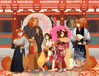 accessory anthro asian_clothing brown_eyes brown_hair clothing curly_hair east_asian_clothing female footwear fur group hair hair_accessory hair_over_eye japanese_clothing kimono leaves_on_ground male orange_body orange_fur orange_hair paper_fan red_hair sandals shoes straight_hair temple umbrella white_face nightargen ayumi_norkina gekka_norkina harumi_norkina sergei_norkin toji_norkin american_mink gulonine hybrid japanese_marten mammal marten mink mustelid musteline neovison true_musteline hi_res