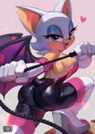 anthro breasts butt clothed clothing eyelashes eyeshadow fangs female heart_symbol holding_object holding_whip looking_at_viewer makeup membrane_(anatomy) membranous_wings open_mouth short_stack side_boob solo teeth whip wings popodunk sega sonic_the_hedgehog_(series) rouge_the_bat bat mammal