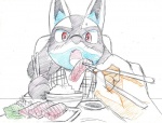 ambiguous_gender black_body black_fur blue_body blue_fur chopsticks disembodied_hand duo feeding food fur red_eyes rice simple_background solo_focus sushi white_background alios nintendo pokemon canid canine generation_4_pokemon human lucario mammal pokemon_(species) 2016