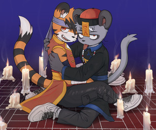 adolescent adolescent_on_adolescent anthro asian_clothing candle chinese_clothing clothing duo east_asian_clothing footwear holidays hug jiangshi_costume looking_aside looking_at_viewer male male/male shoes sitting sitting_on_ground sneakers tongue tongue_out young young_anthro young_male young_on_young latotabo halloween gelato_(latotabo) tiger_boy_(latotabo) felid mammal murid murine pantherine rat rodent tiger hi_res