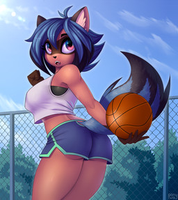 anthro ball basketball_(ball) blue_hair bottomwear brown_body brown_fur butt butt_pose clothing day dolphin_shorts female female_anthro fence fur furgonomics hair holding_ball holding_object looking_at_viewer looking_back looking_back_at_viewer open_mouth outside pose shorts sky solo tail tail_clothing three-quarter_view lightly-san brand_new_animal netflix studio_trigger michiru_kagemori canid canine mammal raccoon_dog tanuki 2021 digital_media_(artwork) hi_res portrait shaded three-quarter_portrait