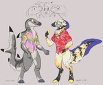 aloha_shirt anthro black_body black_scales blue_eyes blush blush_lines bottomless clothed clothing digitigrade dorsal_fin dot_eyes duo eyes_closed fin fur grey_background grey_body grey_scales group kissing_cheek male pattern_clothing pattern_shirt pattern_topwear pink_clothing pink_shirt pink_topwear polyamory red_clothing red_shirt red_topwear romantic scales shirt simple_background simple_eyes smile snout standing tail tail_fin topwear trio white_body white_scales yellow_body yellow_eyes yellow_scales jaspering sephie_(anirecast) blacktip_shark border_collie canid canine canis carcharhinus collie domestic_dog eel fish herding_dog mammal marine moray_eel pastoral_dog requiem_shark shark sheepdog snowflake_moray 2019 clip_studio_paint_(artwork) colored_sketch digital_drawing_(artwork) digital_media_(artwork) flat_colors hi_res multiple_images signature sketch