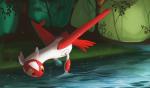 ambiguous_gender day detailed_background feral grass outside plant solo tree water yellow_eyes auroriia nintendo pokemon generation_3_pokemon latias legendary_pokemon pokemon_(species) absurd_res hi_res