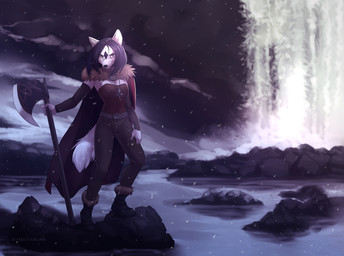 anthro axe breasts clothing detailed_background female fur_trim_(clothing) hair looking_at_viewer melee_weapon outside snow solo water waterfall weapon koul arctic_wolf canid canine canis mammal wolf