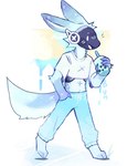 4_fingers anthro blue_body blue_fur blush blush_lines container cup fingers fur holding_container holding_cup holding_object looking_at_viewer machine male sippy_cup slim_anthro slim_male solo walking white_eyes bunonthemoon protogen 2023