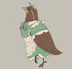 4_toes anisodactyl avian_feet beak bow_tie brown_body brown_feathers clothed clothed_feral clothing dress eyes_closed feathered_wings feathers feet female feral hat headgear headwear simple_background solo toes wings baytaboo avian hi_res