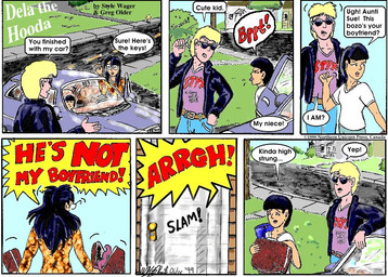black_hair blonde_hair car clothed clothed_female clothed_male clothing dialogue eyewear female glasses group hair human_only jacket male not_furry open_clothing open_jacket open_topwear outside suitcase sunglasses text tongue tongue_out topwear trio vehicle style_wager dela_the_hooda jake_mcross mary_chan sue_chan_(dela_the_hooda) human mammal 1999 comic english_text