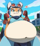 anthro apple belly big_belly clothed clothing cloud eating food fruit heart_symbol holding_food holding_object male navel outside overweight overweight_male plant sky solo taka_fin9623 cygames world_flipper light_(world_flipper) lou_(world_flipper) canid canine canis domestic_dog fox mammal absurd_res hi_res