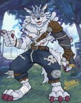 anthro belt black_nose bottomwear brass_knuckles claws clothed clothing dog_tags eye_markings finger_claws fluffy fluffy_tail fur male markings melee_weapon muscular muscular_anthro pants partially_clothed scar shirtless_male solo striped_body stripes tail toe_claws weapon white_body white_fur yellow_eyes hazker bandai_namco digimon mythology canid canine canis digimon_(species) mammal mythological_canine mythological_creature werecanid werecanine werecreature weregarurumon werewolf wolf absurd_res hi_res