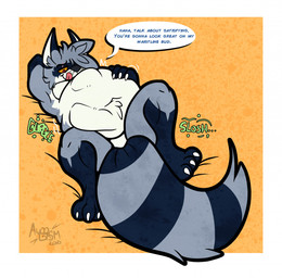 abdominal_bulge anthro claws dialogue digestion digestion_noises fur hair hand_on_belly licking licking_lips lying male navel nude nude_anthro nude_male on_back paws soft_vore solo sound_effects speech_bubble tail text tongue tongue_out vore awoogasm vox_(awoogasm) mammal procyonid raccoon 2021 english_text hi_res signature