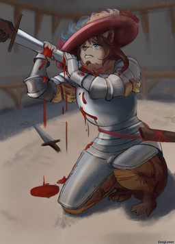 anthro armor blood bodily_fluids clothing duel gore hair hat headgear headwear knight landsknecht male melee_weapon sand scabbard solo sword warrior weapon easylover half_sword_(game) domestic_cat felid feline felis mammal hi_res