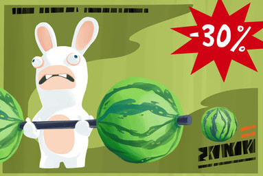 ambiguous_anthro ambiguous_gender anthro barbell blue_eyes buckteeth derp_eyes exercise featureless_crotch featureless_legs food frown fruit fur green_background holding_barbell holding_object humor light long_ears melon mitten_hands multicolored_body no_eyebrows noseless nude_ambiguous nude_anthro number open_frown open_mouth plant poster_template short_legs simple_background solo standing straining tan_body tan_eyelids tan_inner_ear tan_skin teeth two_tone_body watermelon weightlifting white_body white_fur wide_eyed workout florence_charpentier raving_rabbids rayman_(series) ubisoft lagomorph mammal rabbid 2017 cel_shading colored digital_drawing_(artwork) digital_media_(artwork) english_description hi_res lighting lineless official_art shaded