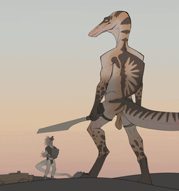 anthro arm_tuft athletic athletic_male backsack balls barely_visible_genitalia barely_visible_penis bottomwear brown_spots brown_stripes bulge cart casual_nudity claws clothed clothed_male clothing digitigrade duo elbow_tuft eyes_closed feather_hair feather_tuft feathers fin flaccid foreskin genitals grey_body grey_skin holding_melee_weapon holding_object holding_sword holding_weapon jewelry loincloth long_tail looking_at_another male markings melee_weapon nude nude_male open_mouth orange_eyes outdoor_nudity outside penis poncho pseudo_hair saggy_balls sail_(anatomy) simple_background size_difference sky smile snout spots standing striped_markings striped_tail stripes sword tail tail_markings tan_balls tan_body tan_skin toe_claws tuft uneven_balls vase weapon bullchicken dinosaur dromaeosaurid prehistoric_species reptile saurischian scalie spinosaurid spinosaurus theropod velociraptor absurd_res colored digital_drawing_(artwork) digital_media_(artwork) hi_res sketch