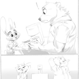 anthro clothing coffee_machine collared_shirt dress_shirt duo embarrassed male male/male shirt topwear trashtikko disney ready_or_not zootopia chester_digby fan_character kasper_aster badger european_badger hare lagomorph leporid mammal meles mustelid musteline absurd_res comic hi_res monochrome