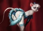 anthro armwear breasts butt clothing curtains dress elbow_gloves female fur gloves hair handwear lips looking_at_viewer looking_back nipple_outline red_lips ribbons smile solo suggestive white_body white_fur white_hair plumpenguinn disney the_great_mouse_detective miss_kitty_mouse mammal mouse murid murine rodent