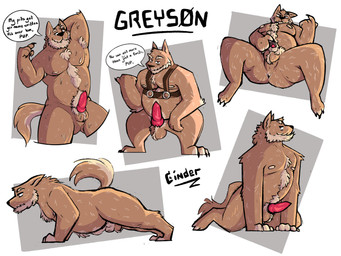 animal_genitalia animal_penis anthro anus armpit_fetish armpit_hair ball_tuft balls beard beckoning bedroom_eyes bodily_fluids body_hair brown_body butt canine_genitalia canine_penis chest_tuft claws crotch_tuft dialogue dominant dominant_male erection exercise facial_hair finger_claws fully_sheathed fur genitals gesture grey_body grey_fur happy harness knot male mature_male narrowed_eyes nipples nude overweight paws penis penis_tip presenting presenting_anus presenting_balls presenting_penis presenting_sheath red_eyes seductive sheath simple_background slightly_chubby slightly_chubby_male solo speech_bubble spread_legs spreading sweat tail text tuft cindercello greyson_(cindercello) canid canine canis mammal wolf 4:3 absurd_res digital_media_(artwork) english_text hi_res multiple_images