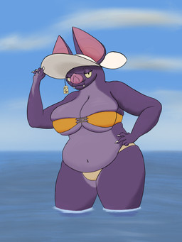 5_fingers anthro bandeau_bikini belly belly_overhang big_belly big_breasts big_ears big_nose bikini breasts claws clothing countershade_neck countershade_torso countershading detailed_background exposure_variation fangs female finger_claws fingers hat headgear headwear looking_at_viewer mature_anthro mature_female orange_clothing orange_swimwear overweight overweight_anthro overweight_female partially_submerged pink_nose purple_body purple_countershading sea solo swimwear teeth thick_thighs tight_bra two-piece_swimsuit voluptuous_anthro voluptuous_female water white_claws white_clothing white_hat white_headwear wide_hips yellow_eyes monodreams lady_chrysanthemum_(monodreams) bat leaf-nosed_bat mammal microbat vampire_bat yangochiropteran 2025 3:4 digital_media_(artwork) hi_res