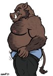 angry anthro beard bottomwear brown_body brown_fur bulge clothing facial_hair fur looking_down_at_penis male mature_anthro mature_male moobs musclegut muscular nipples obese obese_male overweight overweight_anthro overweight_male pants pulling_up_pants putting_on_clothes shirtless side_view slightly_chubby slightly_chubby_male solo underwear nanoff meme_clothing tight_pants_(meme) suarez_(nanoff) mammal suid suine sus_(pig) wild_boar 2023 hi_res meme portrait three-quarter_portrait