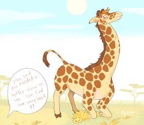 after_transformation blue_sky blush blush_lines clothing feral grass hair hat headgear headwear hooves long_neck male orange_hair plant public savanna sky solo speech_bubble straw_hat sun text transformation tree phytophile giraffe giraffid human mammal 2024 english_text hi_res