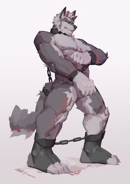 4_toes anthro bdsm bondage bound captured chain chained collar cuff_(restraint) feet horn male metal_collar muscular muscular_male nude plantigrade prisoner restraints shackles simple_background solo submissive submissive_male tail tail_cuff toes white_background x1aoyaoya canid canine canis fox humanoid mammal wolf 2024 absurd_res hi_res