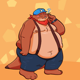 4_fingers anthro armor blush bottomwear brown_body clothing eyes_closed fingers hard_hat headgear helmet humanoid_hands male moobs navel nipples overweight overweight_male pants pink_nose question_mark simple_background solo standing suspenders puddleofpudo eulipotyphlan mammal mole_(animal) 1:1 2026 hi_res