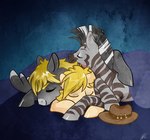 blonde_hair clothing cuddling feral fur grey_body grey_fur grey_wings group hair hat headgear headwear male male/male striped_body striped_fur stripes wings opalacorn hasbro my_little_pony mythology chase_(mlp) draft_horse equid equine horse mammal mythological_creature mythological_equine pegasus pony zebra