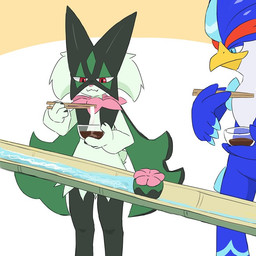 ambiguous_gender annoyed anthro beak blue_body blue_eyes blue_feather_hair blue_feathers bowl chopsticks claws container duo feathers food fur green_body green_fur green_hair hair holding_chopsticks holding_container holding_object noodles red_eyes simple_background tail water ylit nintendo pokemon avian bird felid feline generation_9_pokemon mammal meowscarada pokemon_(species) quaquaval 1:1 2025