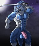 abs anthro balls big_balls big_penis blue_body blue_fur foreskin fur genitals half-erect holding_object holding_weapon humanoid_genitalia humanoid_penis kriegsmesser light male melee_weapon moon moonlight multicolored_body multicolored_fur muscular muscular_anthro muscular_male nipples nude pecs penis pink_penis solo sword two_tone_body two_tone_fur vein veiny_penis weapon white_body white_fur kirlanlion capcom darkstalkers mythology jon_talbain canid canine canis mammal mythological_canine mythological_creature werecanid werecanine werecreature werewolf wolf hi_res