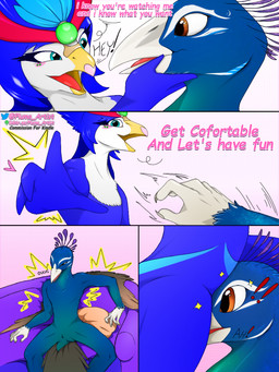 anthro beak beakstick blue_body blue_eyes blue_feathers comic_panel duo feathers female furgonomics hair lipstick makeup male male/female open_beak open_mouth weni white_body white_feathers pluma_artist nintendo pokemon birdie_(kindle) avian bird galliform generation_9_pokemon humanoid hybrid peafowl phasianid pokemon_(species) quaquaval 3:4 absurd_res comic hi_res