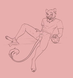 animal_genitalia anthro ball balls claws clothing genitals jersey male paws sheath shirt simple_background sitting soccer solo sport teeth tongue topwear fuennsart capitoline_ranch tab_(thathornycat) felid feline mammal absurd_res hi_res sketch
