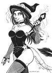 anthro breasts clothing collar collar_tag female hair hat headgear headwear holding_wand holidays long_hair looking_at_viewer magic magic_user smile smiling_at_viewer solo star star_collar_tag three-quarter_view wand witch witch_hat snowsnow11 halloween felid feline mammal 2024 hi_res monochrome portrait three-quarter_portrait